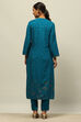 Teal Blue Rayon Straight Printed Kurta Salwar Pants Suit Set image number 4