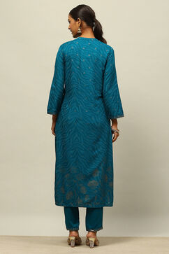 Teal Blue Rayon Straight Printed Kurta Salwar Pants Suit Set image number 4