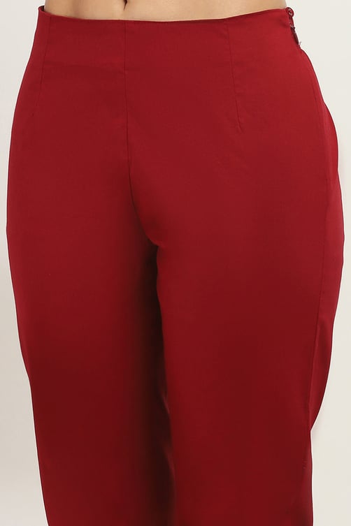 Maroon Cotton Solid Regular Pants image number 1