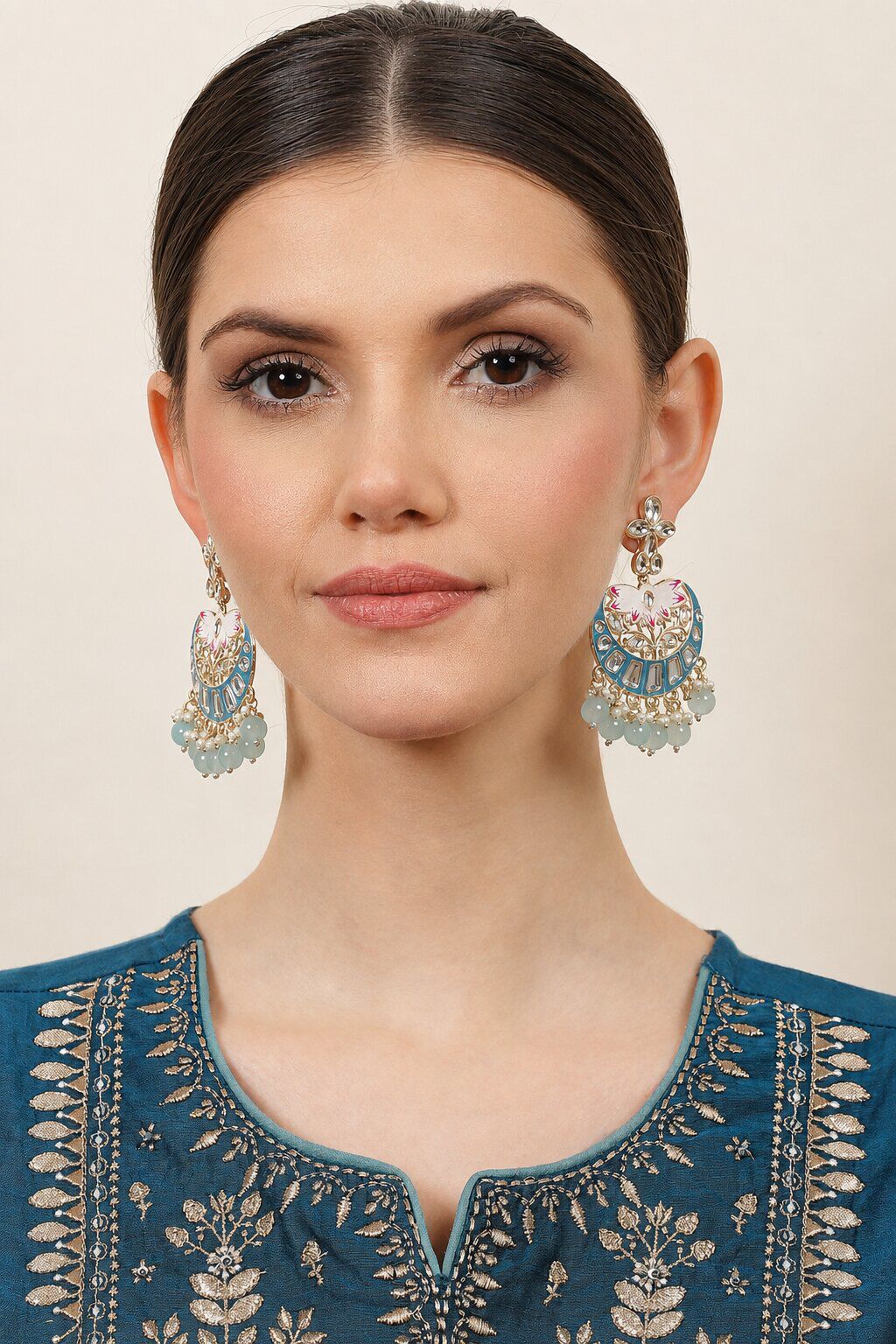 Blue & Pink Alloy Earrings & Maangtika Set image number 2