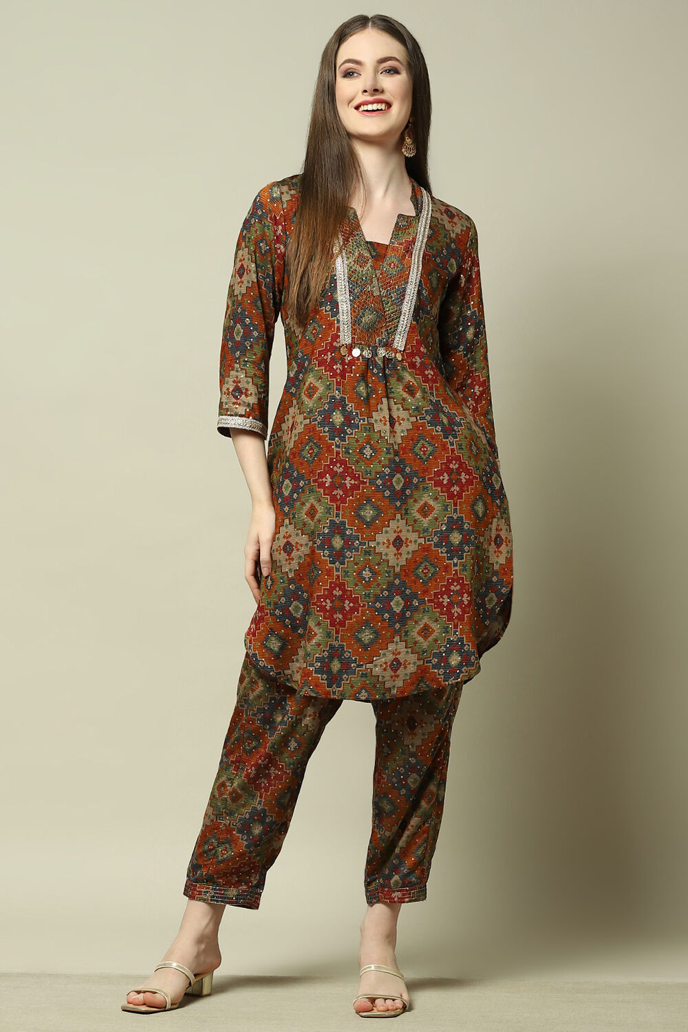 Rust Viscose Blend Printed Straight Co-ord Set image number 0