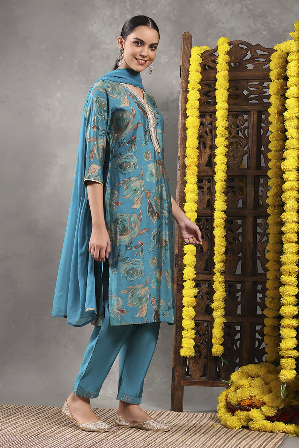 Aqua Viscose Blend Printed Straight Suit Set image number 5