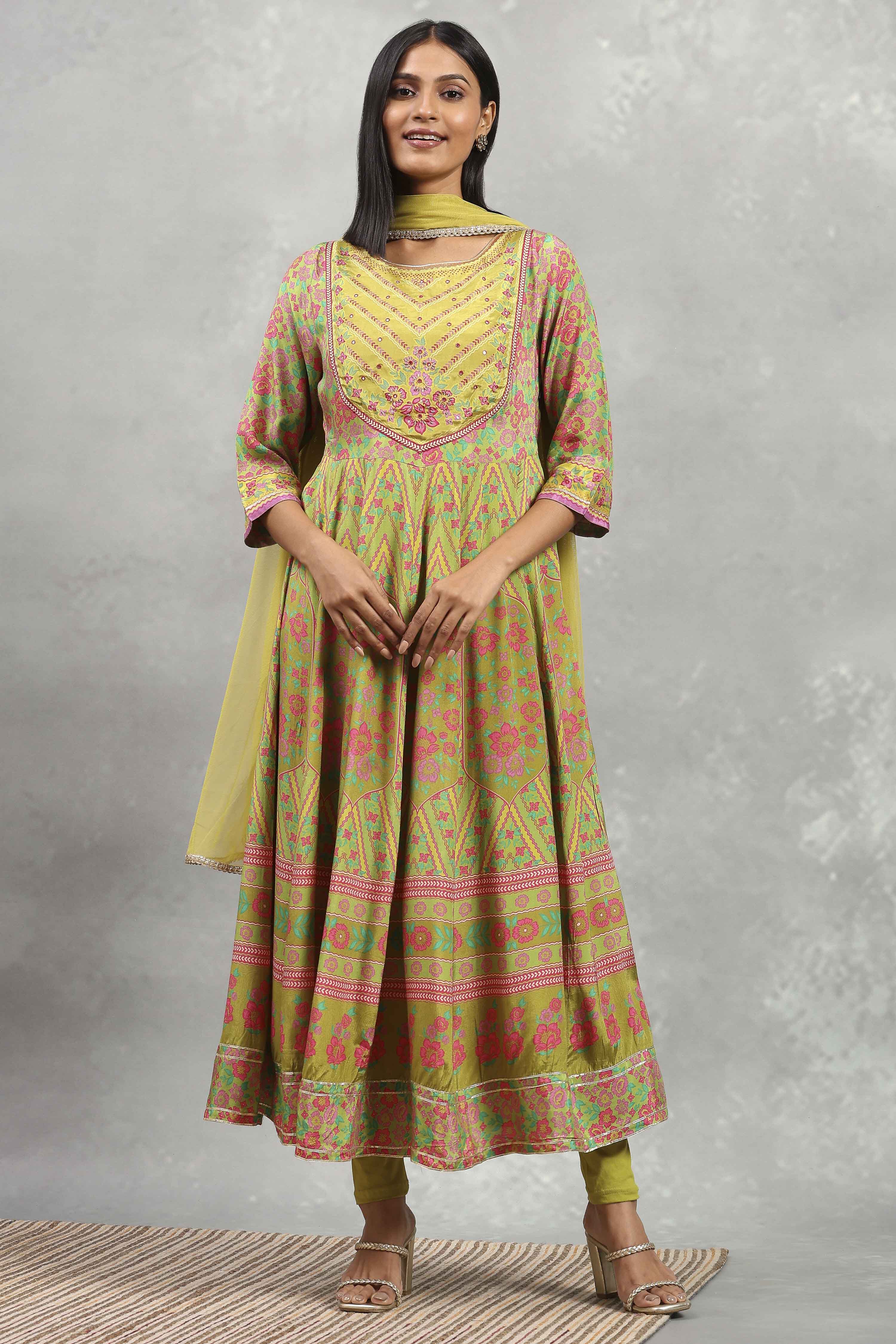 Lime Viscose Rayon Printed Anarkali Suit Set image number 6
