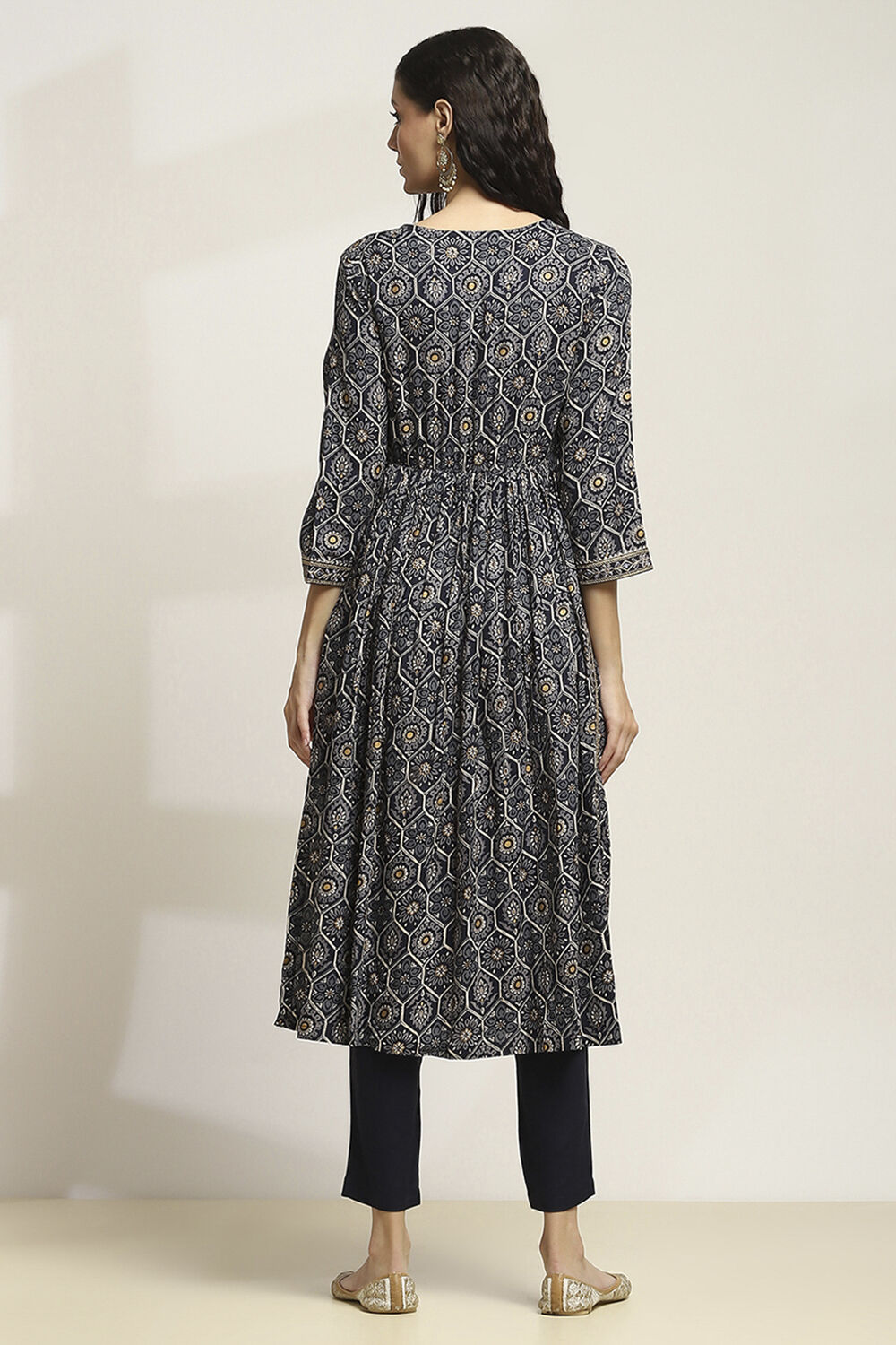 Navy Viscose Rayon Printed Gathered Suit Set image number 5