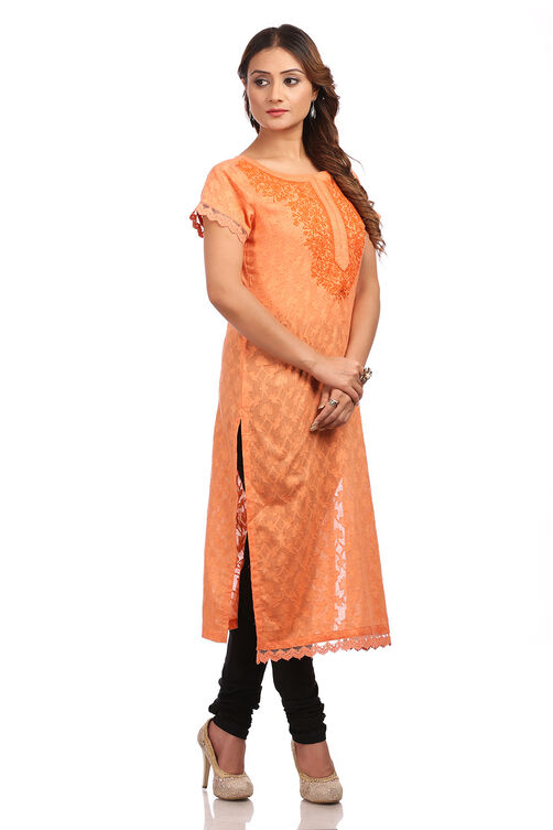 Peach Straight Cotton Kurta image number 3
