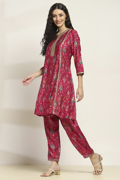 Pink Viscose Blend Printed A-Line Kurta Pants Set image number 3