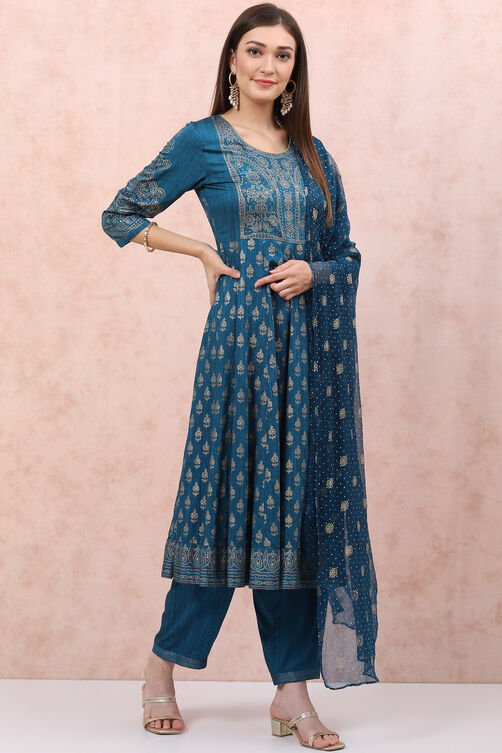 Teal Blue Art Silk Kalidar Suit Set image number 6