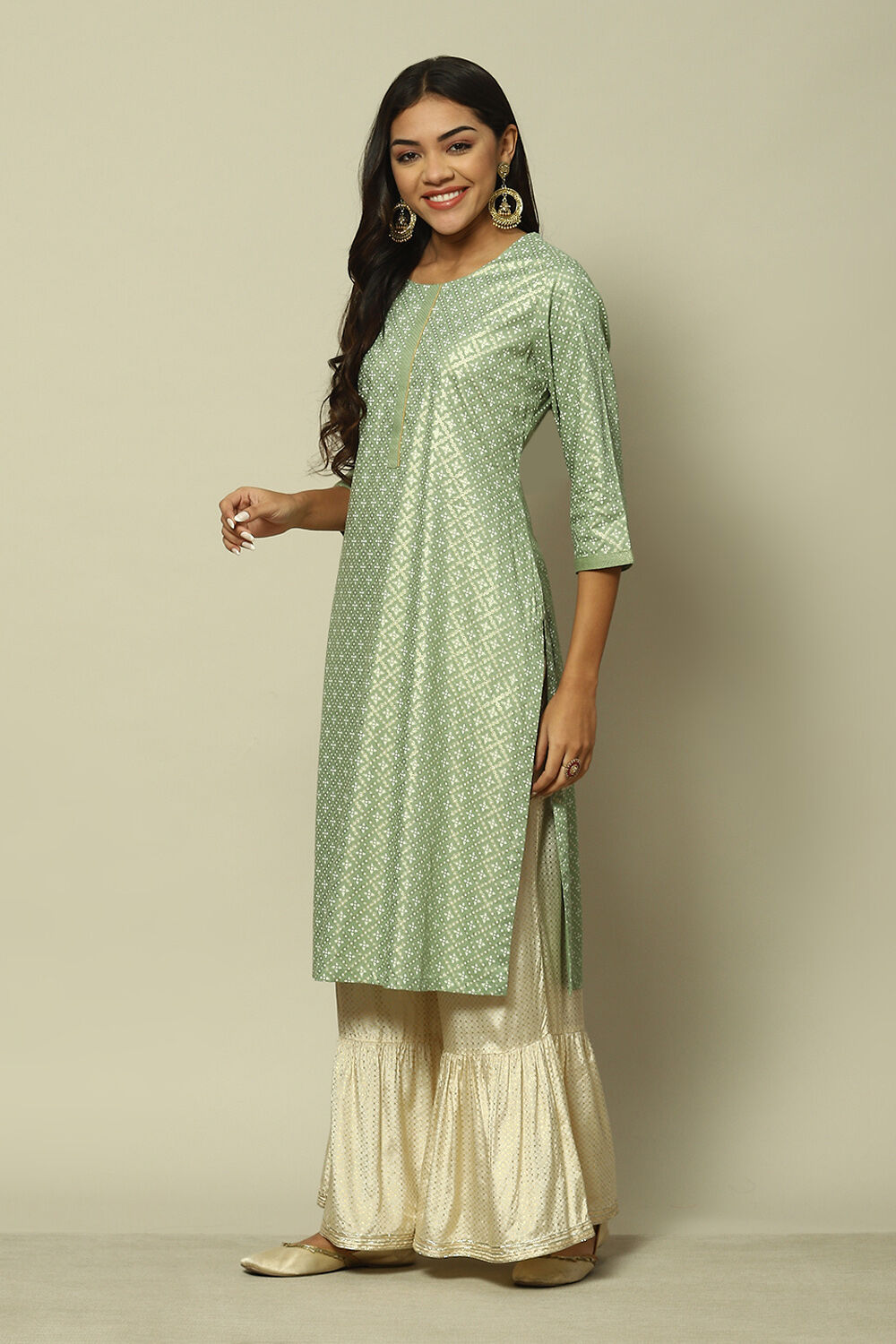 Sage Green LIVA Straight Printed Kurta image number 2