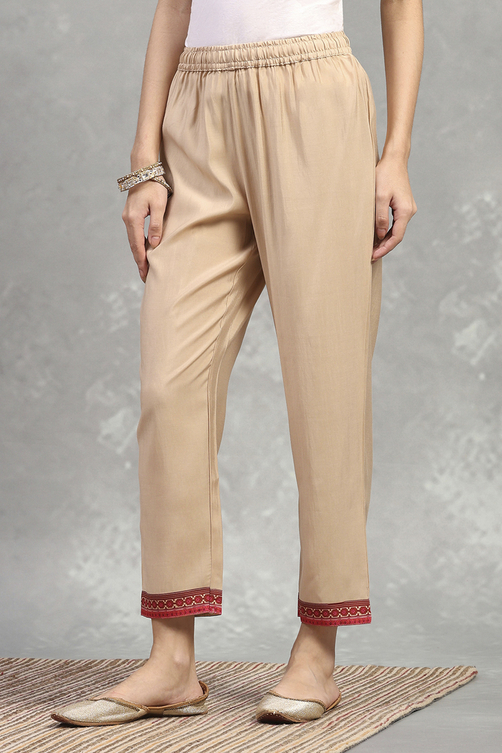 Gold Viscose Blend Solid Straight Pants image number 2