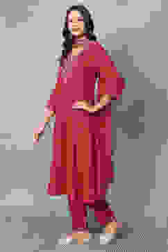 Red Embroidered Kalidar Suit Set image number 3