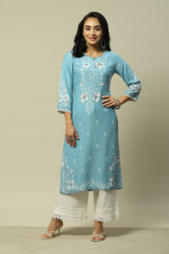 Blue LIVA Straight Printed Kurta image number 5