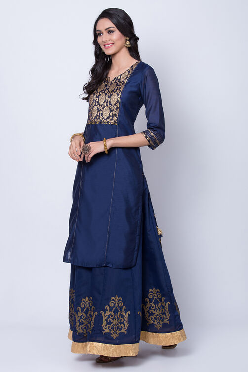 Navy Blue Poly Chanderi Straight Suit Set image number 4