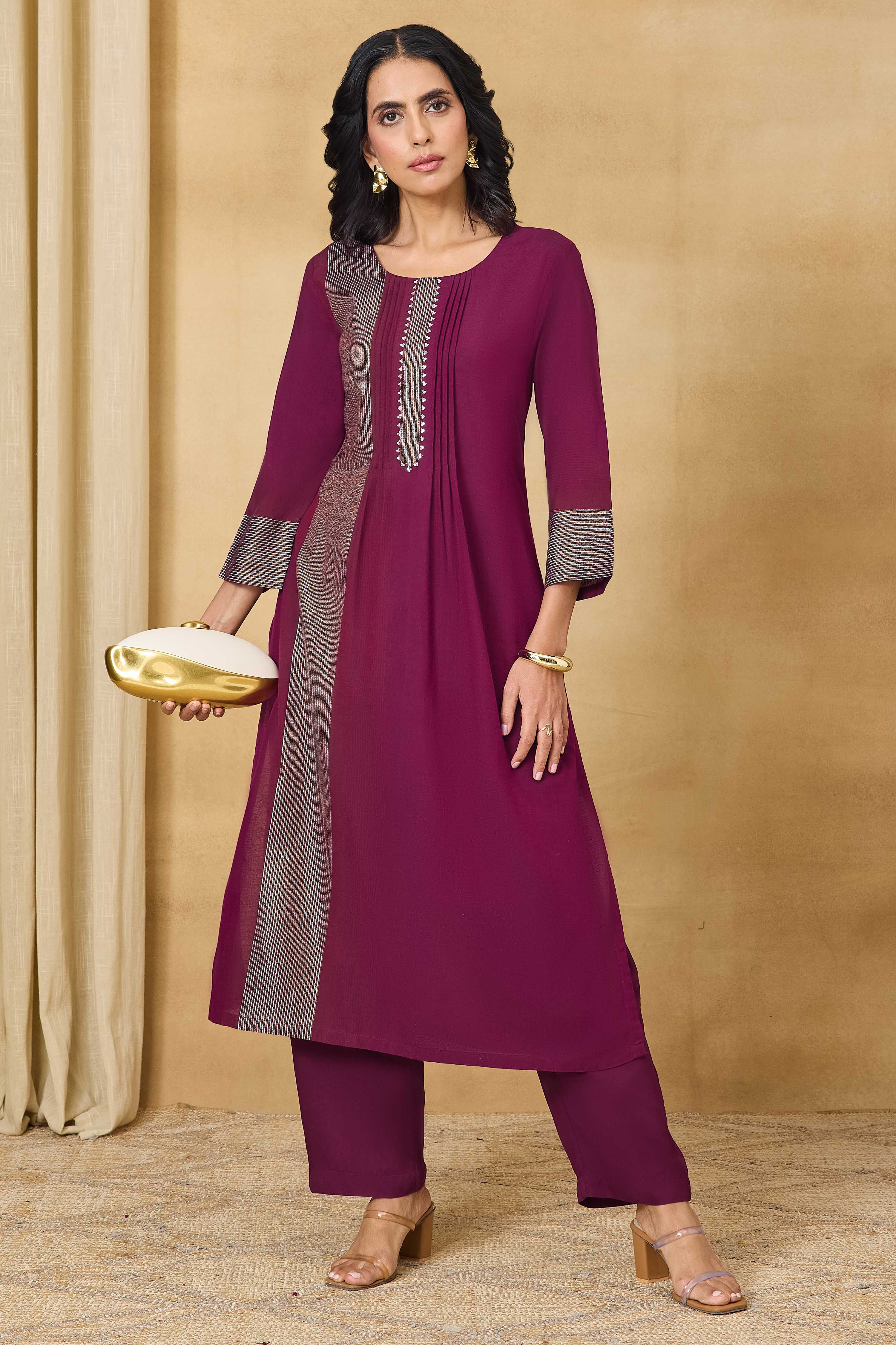 Purple Cotton Straight Yarndyed Kurta Pants Set image number 0
