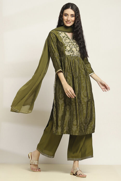 Green Viscose Blend Printed Gathered Suit Set image number 5