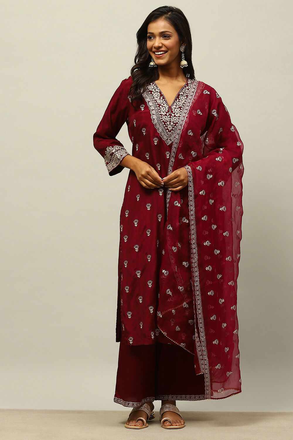 Wine Viscose Shantoon Straight Embroidered Kurta Palazzo Suit Set image number 6