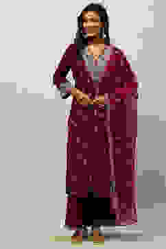 Wine Viscose Shantoon Straight Embroidered Kurta Palazzo Suit Set image number 6