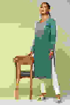 Blue Cotton Blend Straight Kurta image number 0