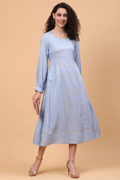 Blue Viscose Rayon Flared Dress image number 5