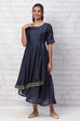 Navy Blue Polyester Chanderi Kalidar Dress image number 3