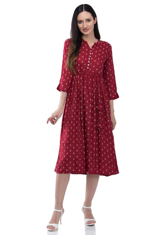Maroon Flared Viscose Dress image number 0