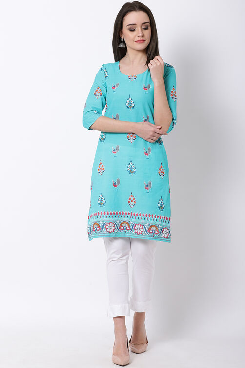 Mint Green Cotton Straight Kurta image number 2
