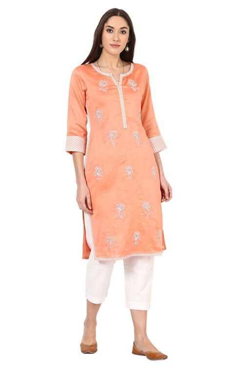 Peach Straight Poly Chanderi Kurta image number 0