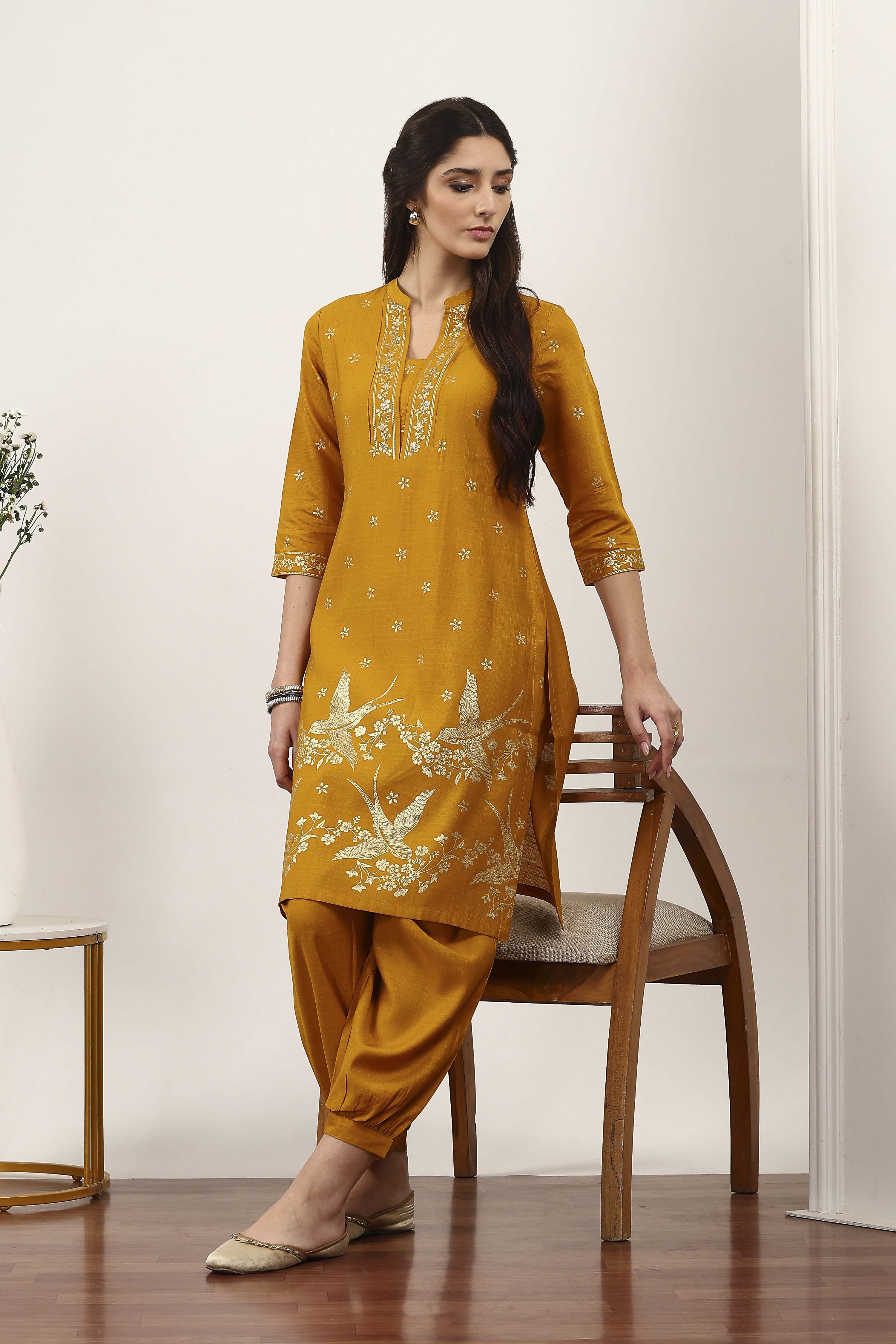 Yellow Viscose Polyester Kurta Pants Set image number 0
