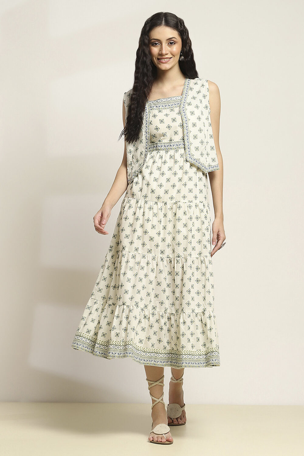 Off-White Cotton Printed Tiered Dress image number 5