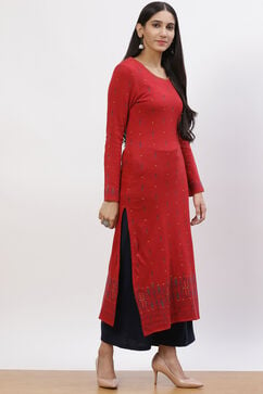 Red Jacquard Straight Kurta image number 3