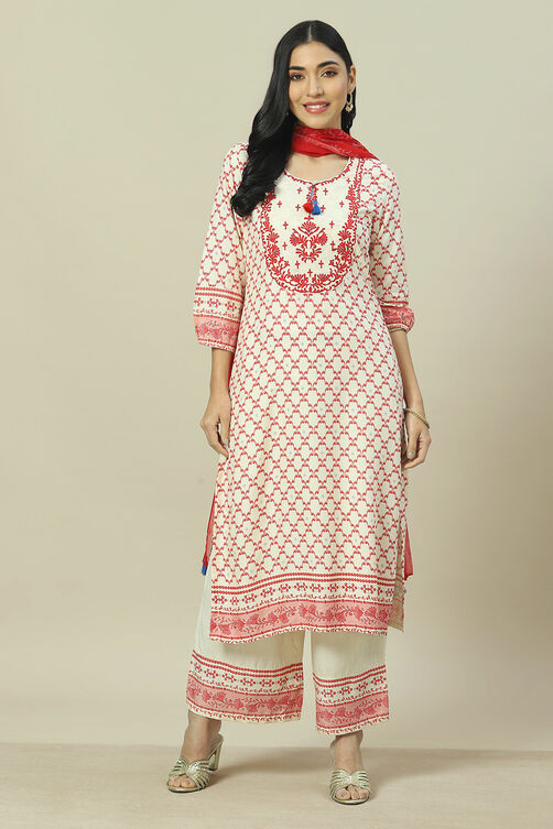 Ecru LIVA Woven Straight Kurta Suit Set image number 7