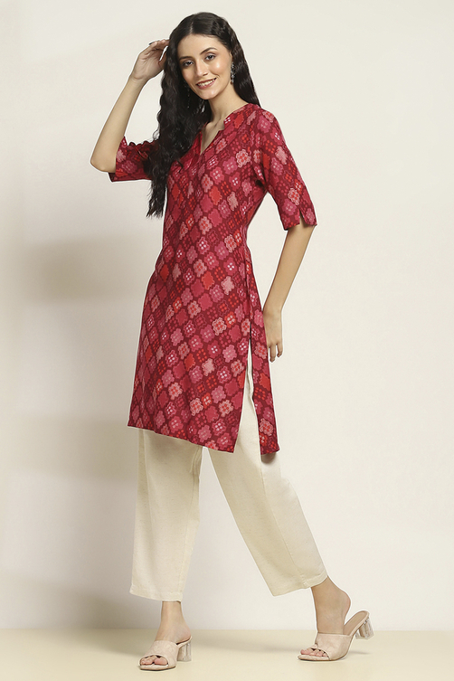 Red Printed Straight Kurta image number 2