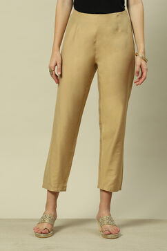 Gold Viscose Straight Solid Slim Pants image number 5