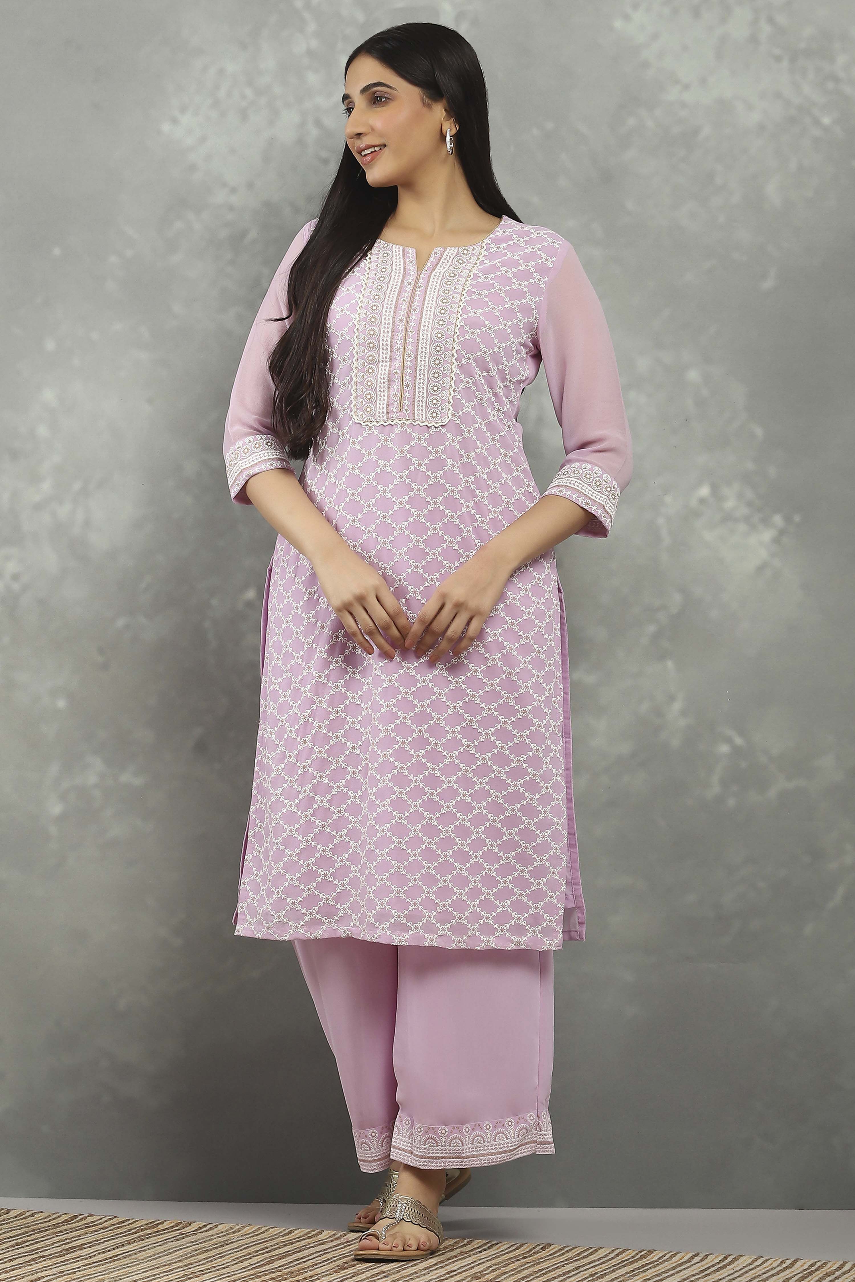 Mauve Polyester Straight Kurta Pants Set image number 0