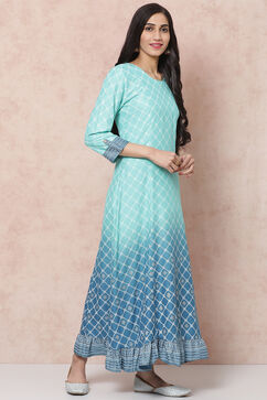 Blue Viscose Rayon Flared Dress image number 3