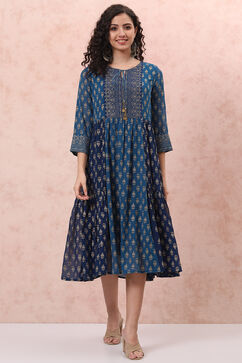 Blue Art Silk Tiered Dress image number 0