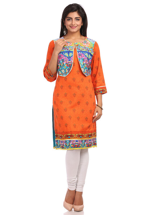 Blue & Orange Straight Cotton Kurta image number 0