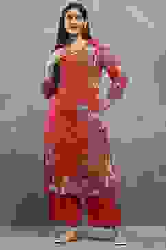 Red Viscose Straight Kurta Pants Set image number 6