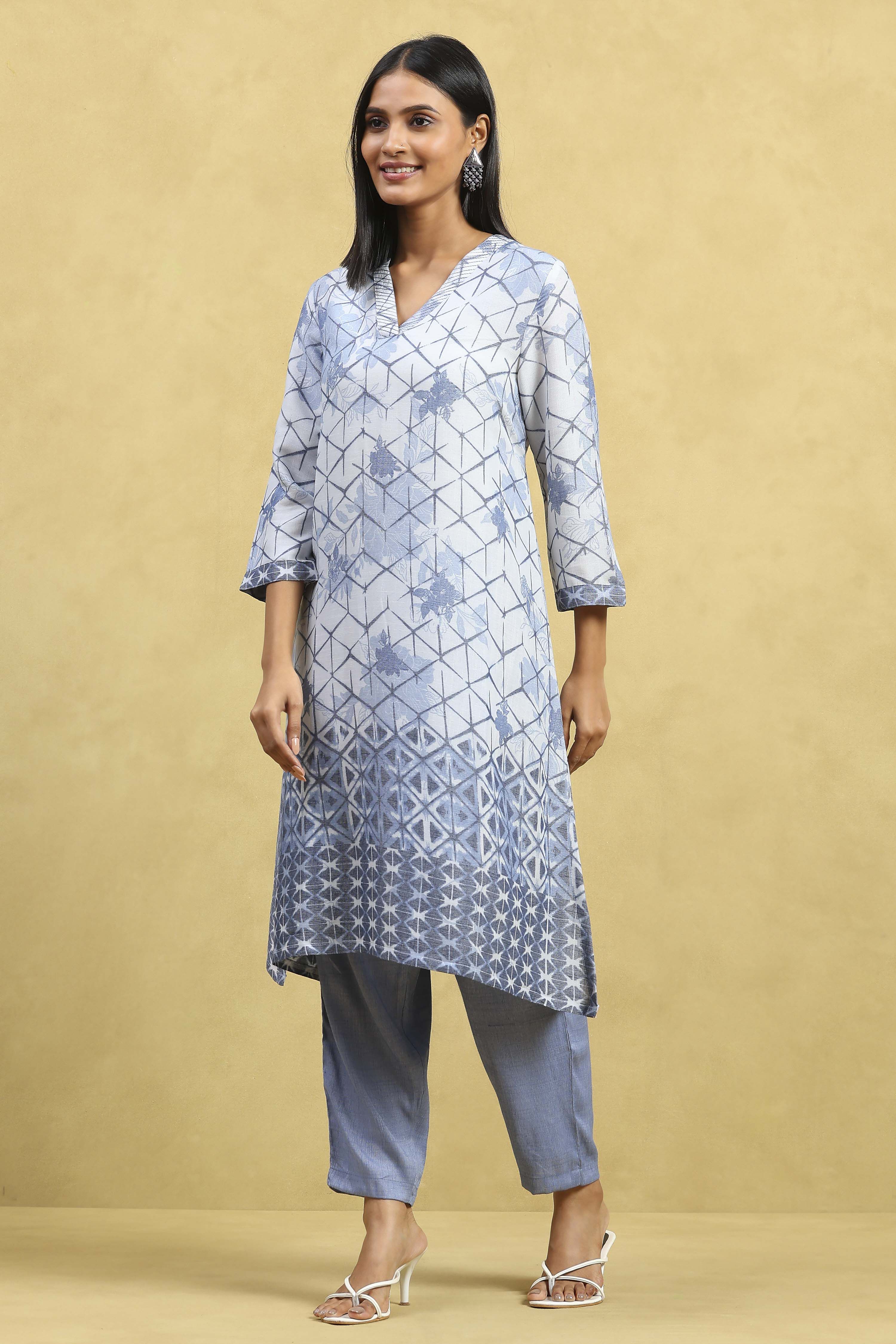 Blue Viscose Blend Printed A-Line Kurta Pants Set image number 3