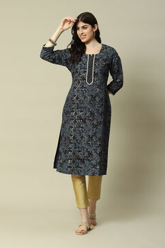 Blue LIVA Straight Printed Kurta image number 0