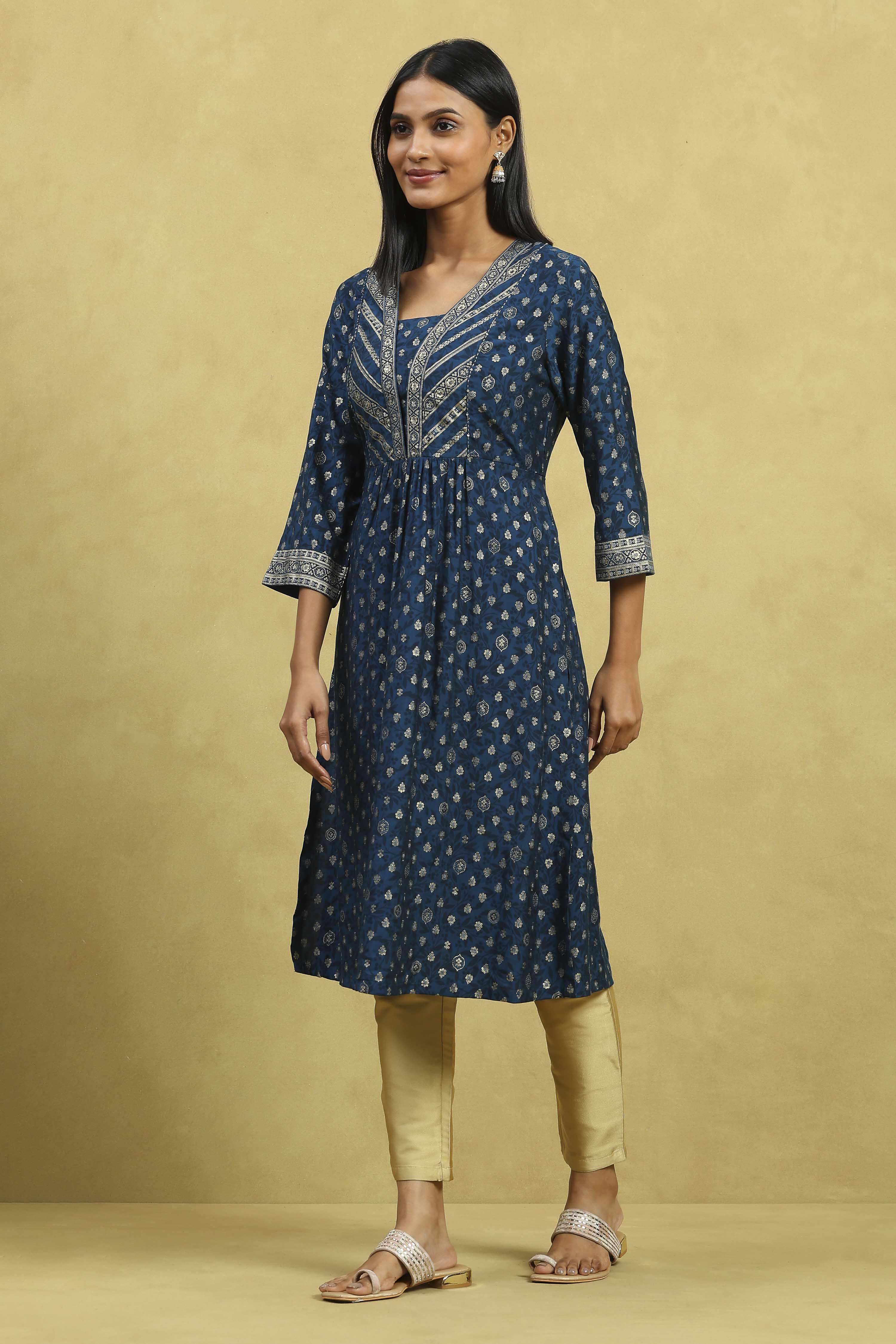 Blue Viscose Blend Printed Gathered Kurta image number 2