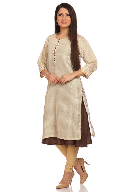 Beige Straight Cotton Kurta image number 2