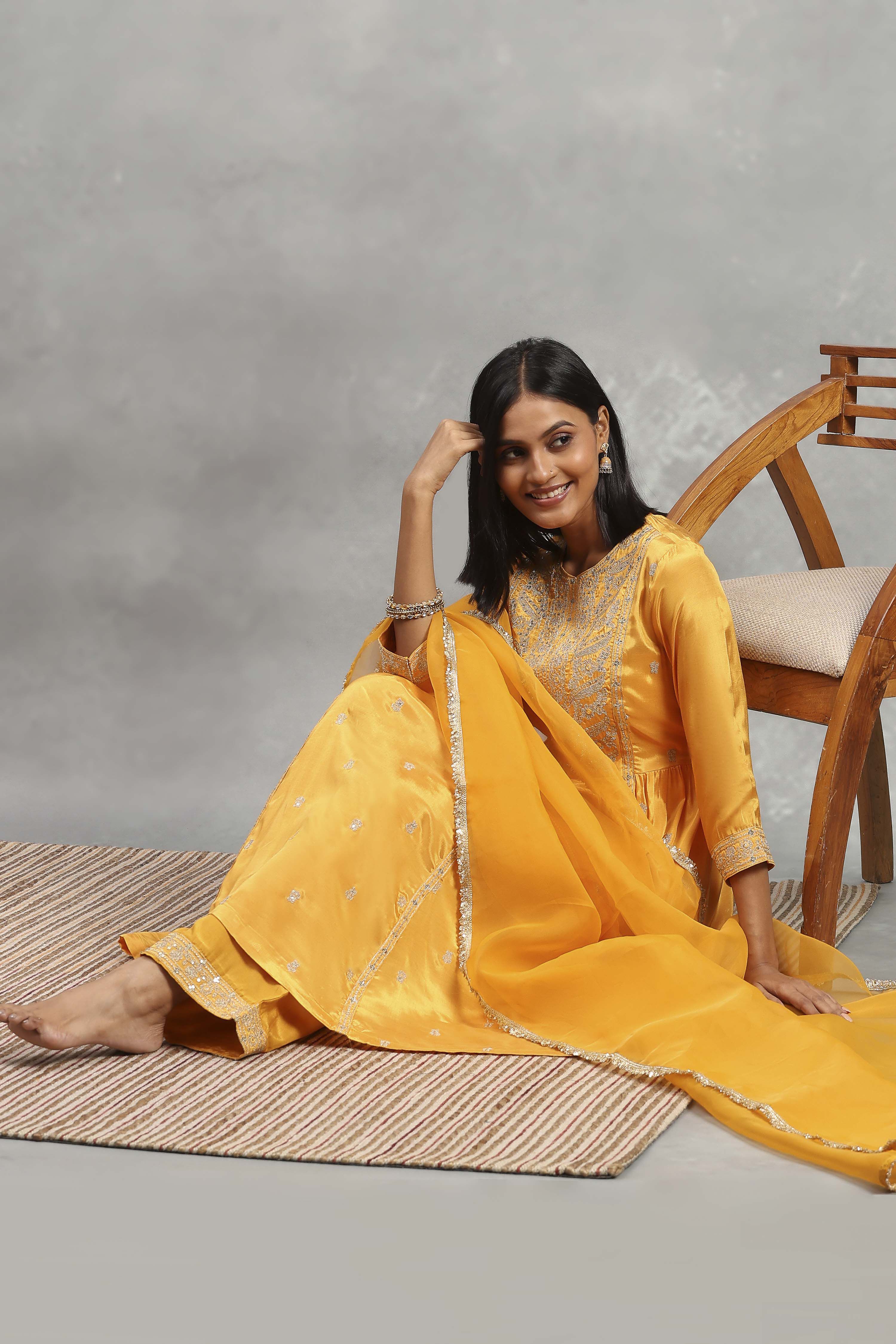 Yellow Viscose Rayon Embroidered Gathered Suit Set image number 0