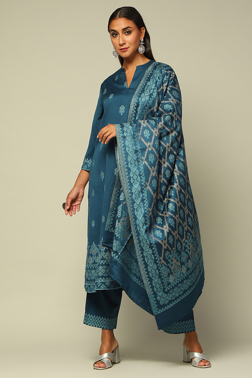 Blue Acrylic Straight Yarn Dyed Kurta Palazzo Suit Set image number 6