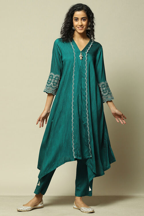 Green Poly Viscose Straight Printed Suit set image number 6