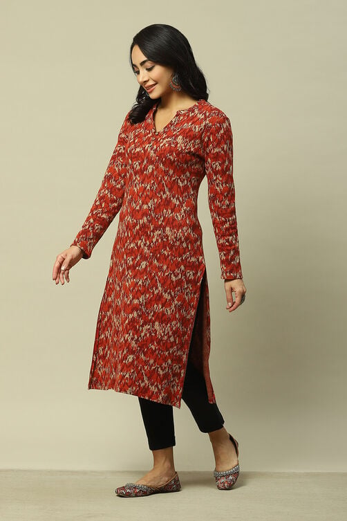 Rust Cotton Blend Straight Printed Kurta image number 2