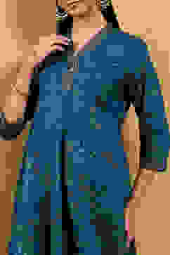 Blue Viscose Rayon Printed Kalidar Kurta image number 1