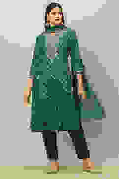 Teal Blue Viscose Muslin A-Line Printed Kurta Salwar Pants Suit Set image number 0