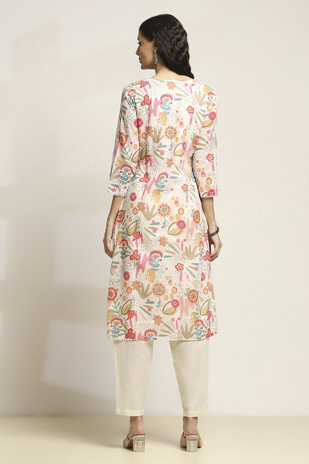 Off-White Cotton Floral Straight Suit Set image number 4