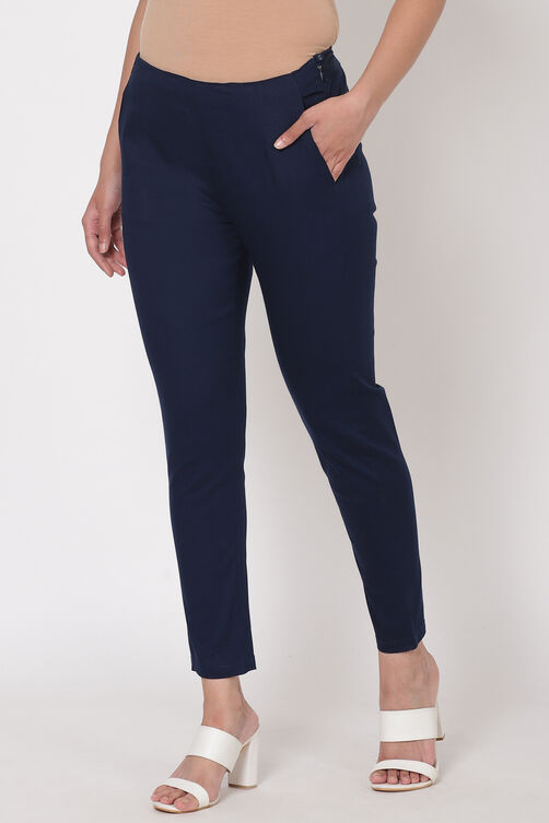 Navy Blue Poly Cotton Slim Pants image number 2