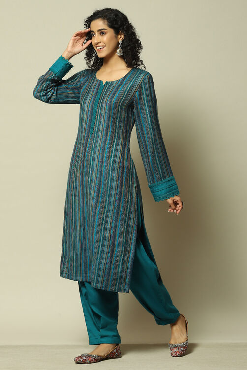 Teal Acrylic Straight Yarndyed Kurta Palazzo Suit Set image number 3